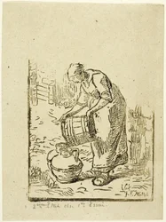 Mujer llenando cántaros de agua