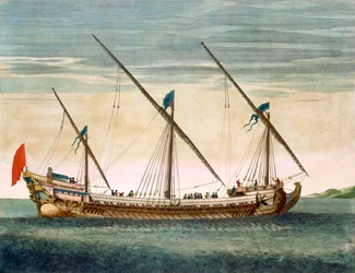 Una galeaza de tres mástiles en marcha por remo, de Le Neptune Francois, c.1693-1700 (grabado coloreado a mano)