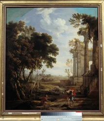 Moisés enterrando en la arena al egipcio que había matado. Moisés había matado al egipcio que había golpeado a un hebreo. Pintura de Pierre Patel el Padre (1605-1676). Siglo XVII