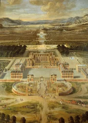 Vista de los jardines del palacio de Versalles, tomada desde la Avenue de Paris en 1668. Detalle.