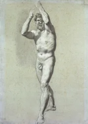 Estudio de un hombre, con los dos brazos levantados sobre la cabeza, ligeramente girado a la izquierda; Academie d