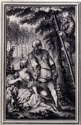 La apuesta de las tres comadres. En “Cuentos y nuevas en verso” de Jean La Fontaine. 1776. Ilustración por P.P. Choffard.