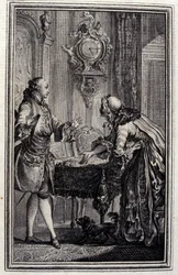 El gascón castigado - en "Cuentos y nuevas en verso" de Jean La Fontaine. 1776. Ilustración de P.P. Choffard