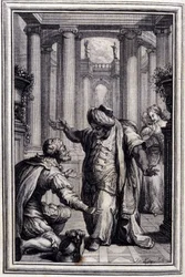 El perrito que sacude dinero y piedras - en Cuentos y nuevas en verso de Jean La Fontaine. 1776. Ilustración de P.P. Choffard