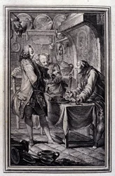 Pasta de anguila. En “Cuentos y nuevas en verso” de Jean La Fontaine. 1776. Ilustración por P.P. Choffard.