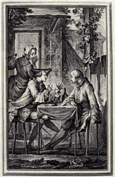 El relojero o el reparador de mejillones. En “Cuentos y nuevas en verso” de Jean de La Fontaine, Ámsterdam 1776. Ilustrado por P.P. Choffard