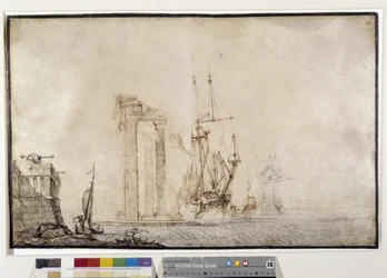 Barco contra una columnata en ruinas