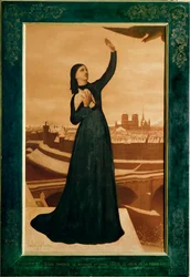 "Escapando de las garras del enemigo, el mensaje esperado exalta el corazón de la orgullosa ciudad" (pintura al óleo)