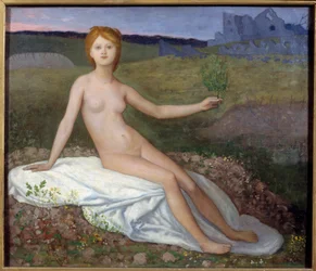 La Esperanza. Alegoría de la esperanza como una joven desnuda sentada en un paisaje de ruinas. Pintura de Pierre Puvis de Chavannes (1824-1898) 1872 Dim. 0,7x0,82 m París, Museo de Orsay