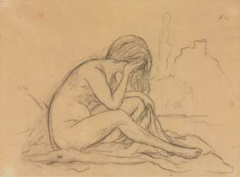 Estudio de un desnudo femenino ...recto, Estudios de drapeado y Estudio de un paisaje verso, 1800s