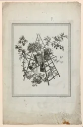 Trofeo con instrumentos de jardinería, lámina 2 de "Suite de diferentes atributos, trofeos y grupos de flores," Suite II
