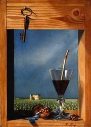 Copa de vino frente a un castillo; Verre de vin devant un chateau