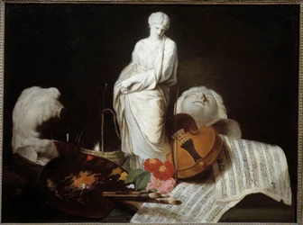 Los atributos de las Artes Paleta de pintor, violín, partituras, escultura. Pintura de Pierre Subleyras
