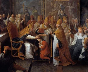 La coronación de Luis XV El rey Luis XV (1710-1774) fue coronado y consagrado el 25/10/1722 en la catedral de Reims por el Arzobispo de Reims en presencia del Regente, el Duque de Orleans (1674-1723) y una gran multitud (detalle)