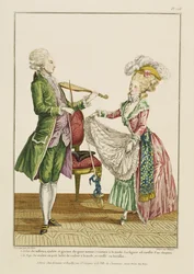 Un caballero tocando el violín mientras una dama baila, grabado por J. Pelicier, c.1780-90