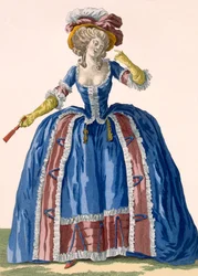 Vestido de estilo inglés en azul eléctrico con borde fruncido burdeos, grabado por Bacquoy, placa no.182 de 