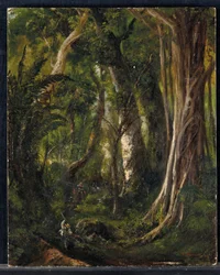 Viajeros en un bosque cubano (óleo sobre tabla)