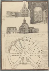 Plano y tres vistas de una iglesia circular