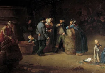 Un propietario visita su bodega en Borgoña. Un viticultor comprueba el estado de la producción vinícola en su viñedo. Detalle. Siglo XIX. Beaune
