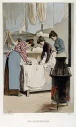 Lavanderas de París trabajando en una lavandería, Francia