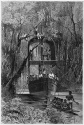 Un bote de piso, tomado por el explorador, para descender el alto Samiria (Perú). Ilustración de la historia “Amazon y Cordilleras”