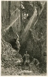 Indios Suno, de las orillas del río Napo (Amazonas), cazando con cerbatana. Grabado de Vignal, para ilustrar la historia “Amazonas y Cordilleras”
