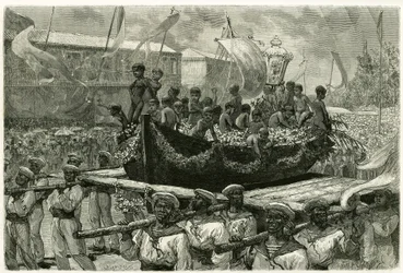 La procesión del Cirio en la víspera de Todos los Santos, religiosa y popular, la imagen de la Virgen es transportada por toda la ciudad en la canoa de un barco que desapareció en 1793, cuyos sobrevivientes ofrecieron exvoto a la Virgen Milagrosa. Grabado 