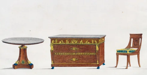 Mesa de caoba, cómoda y silla, placa 241, ilustración de Collection de meubles et objects de gout (Colección de muebles y objetos de gusto)