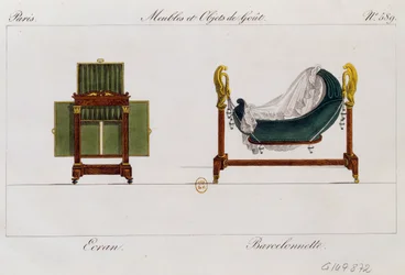 Biombo y cuna mecedora, lámina 589, ilustración de Collection de meubles et objects de gout (Colección de muebles y objetos de gusto)