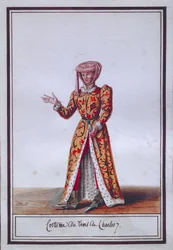 Placa de moda femenina que representa el traje de la época de Carlos VII (1403-1461)