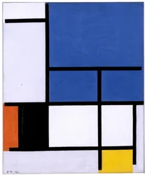 Composición con gran plano azul, rojo, negro, amarillo y gris