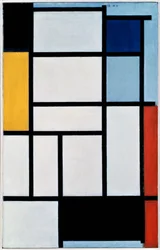 Composición con rojo, negro, amarillo, azul y gris