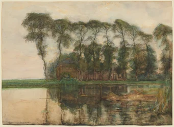 Granja junto al agua oculta por nueve árboles altos