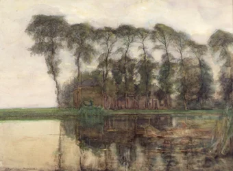 Granja junto al agua, protegida por nueve árboles altos