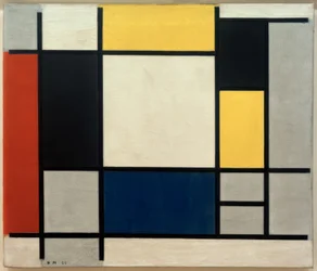 Composición con amarillo, rojo, negro, azul y gris