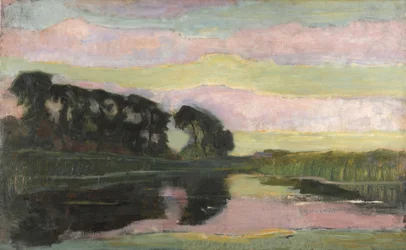 Paisaje fluvial con cielo rosa y verde amarillento, ca. 1907-1908