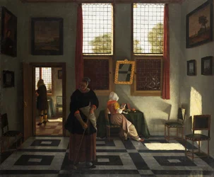 Interior con pintor, mujer leyendo y criada barriendo, c.1665-70 (óleo sobre lienzo)