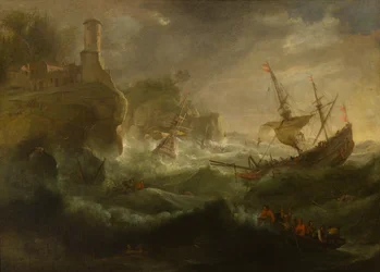 Barcos que se hunden en una costa rocosa, c.1657-1701 (óleo sobre lienzo)