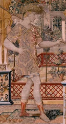 Tapiz flamenco. Serie Vertumnus y Pomona.Vertumnus transformado en granjero. Segundo tapiz de la serie. Parte izquierda la transformación de Daphne. Círculo Modelo de Pieter Coecke van Aelst. Fabricación Wilhelm Pannemaker, Bruselas. Ca 1545-1550. Fabrica