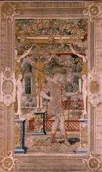 Tapiz flamenco. Serie Vertumnus y Pomona.Vertumnus transformado en granjero. Segundo tapiz de la serie. Parte izquierda la transformación de Daphne. Círculo Modelo de Pieter Coecke van Aelst. Fabricación Wilhelm Pannemaker, Bruselas. Ca 1545-1550. Fabrica