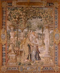 Tapiz flamenco. Serie Vertumnus y Pomona. Vertumnus besa a Pomona. Séptimo tapiz de la serie. Círculo Modelo de Pieter Coecke van Aelst. Fabricación Wilhelm Pannemaker, Bruselas. Ca 1545-1550. Tela Oro, plata, seda y lana. Tamaño 430 x 365 cm.