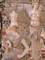 Tapiz flamenco. Serie Vertumnus y Pomona. Vertumnus transformado en una anciana. Vertumnus transformado en una anciana. Sexto tapiz de la serie. Círculo Modelo de Pieter Coecke van Aelst. Fabricación Wilhelm Pannemaker, Bruselas. Ca 1545-1550.