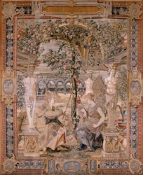 Tapiz flamenco. Serie Vertumnus y Pomona. Vertumnus transformado en una anciana. Vertumnus transformado en una anciana. Sexto tapiz de la serie. Círculo Modelo de Pieter Coecke van Aelst. Fabricación Wilhelm Pannemaker, Bruselas. Ca1545-1550. F