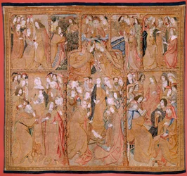 Tapiz flamenco. Serie Triunfos de la Madre o Paños de Oro. Nacimiento de Cristo (Nacimiento de Cristo). Tercer tapiz de la serie. Modelo Colin de Cooter (?). Fabricación Pieter van Aelst (o van Edingen), Bruselas. Ca 1500-1502. Tela Oro, plata, plata
