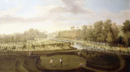 Una vista de los jardines de Chiswick, Richmond, desde los nuevos jardines hacia el Bagnio, c.1729-31