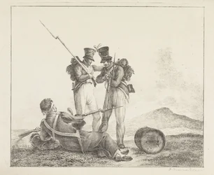 Tres soldados en el campo de batalla.