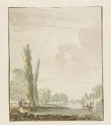 Vista a lo largo de un río con una casa de té a la derecha