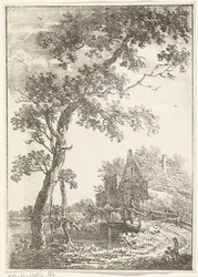 Paisaje con árbol, puente y casa.