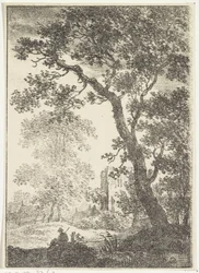 Paisaje con ruina y figura sedente