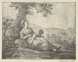 Descansando mujer por árbol